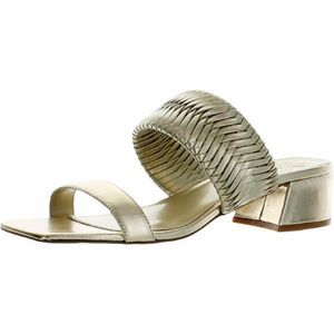 Metallic Gold Two-Strap Low Block Heel Slide Sandals
